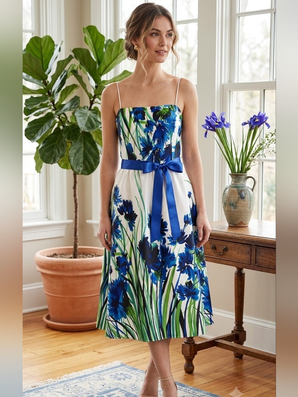 Dress Barn Blue Floral Midi Dress with Royal Blue Waist Sash